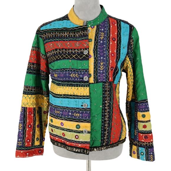Chicos Jacket 1 Womens 8 Medium Cotton Patchwork Lined Colorful Embroidery - Picture 1 of 16